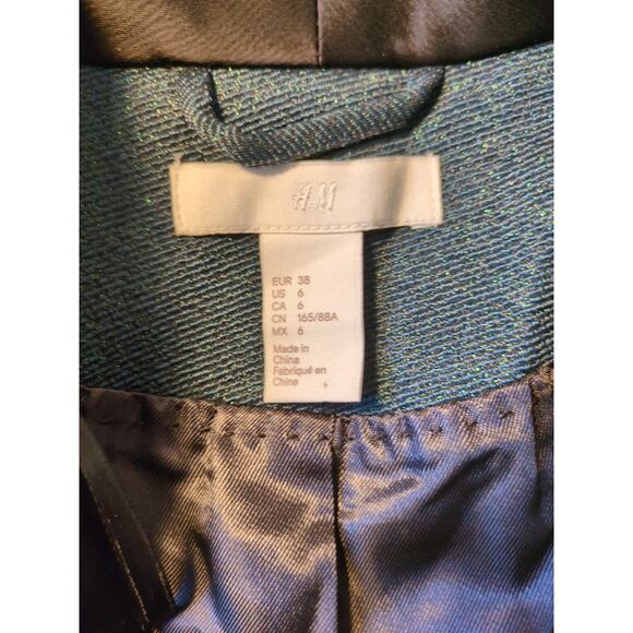 H&M Emerald Green Holiday Jacket Sz 6 Long Single Breasted Sparkle Satin Lapel - Picture 4 of 8